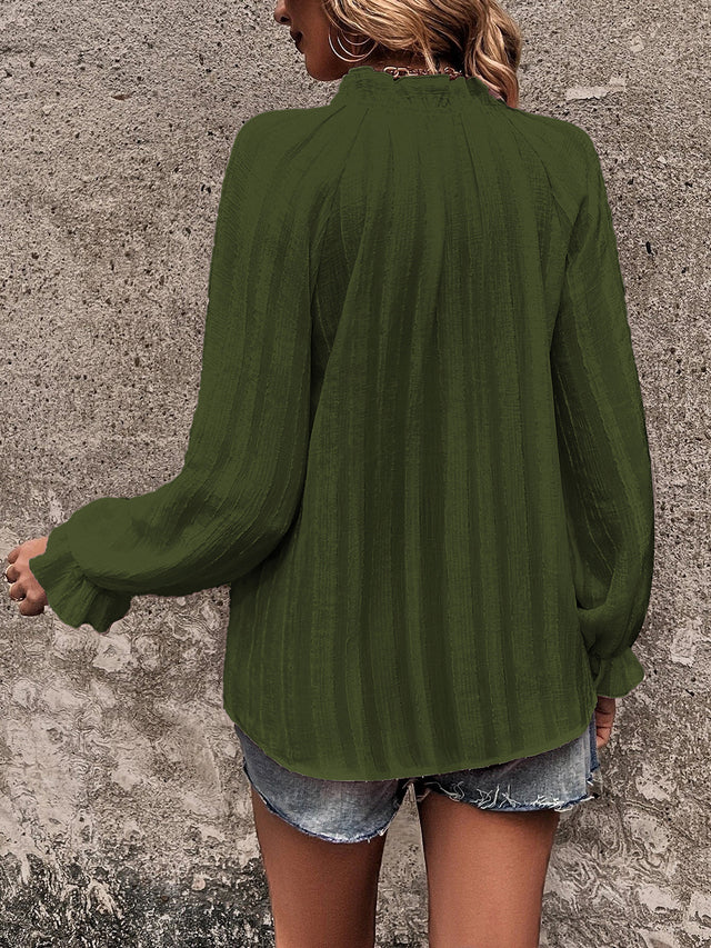 Notched Neck Flounce Sleeve Shirt.