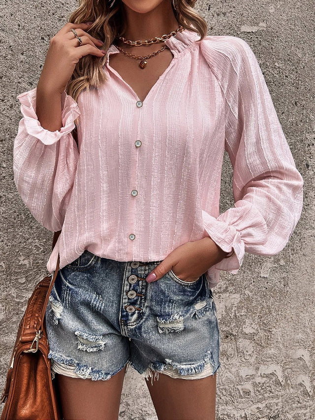 Notched Neck Flounce Sleeve Shirt.
