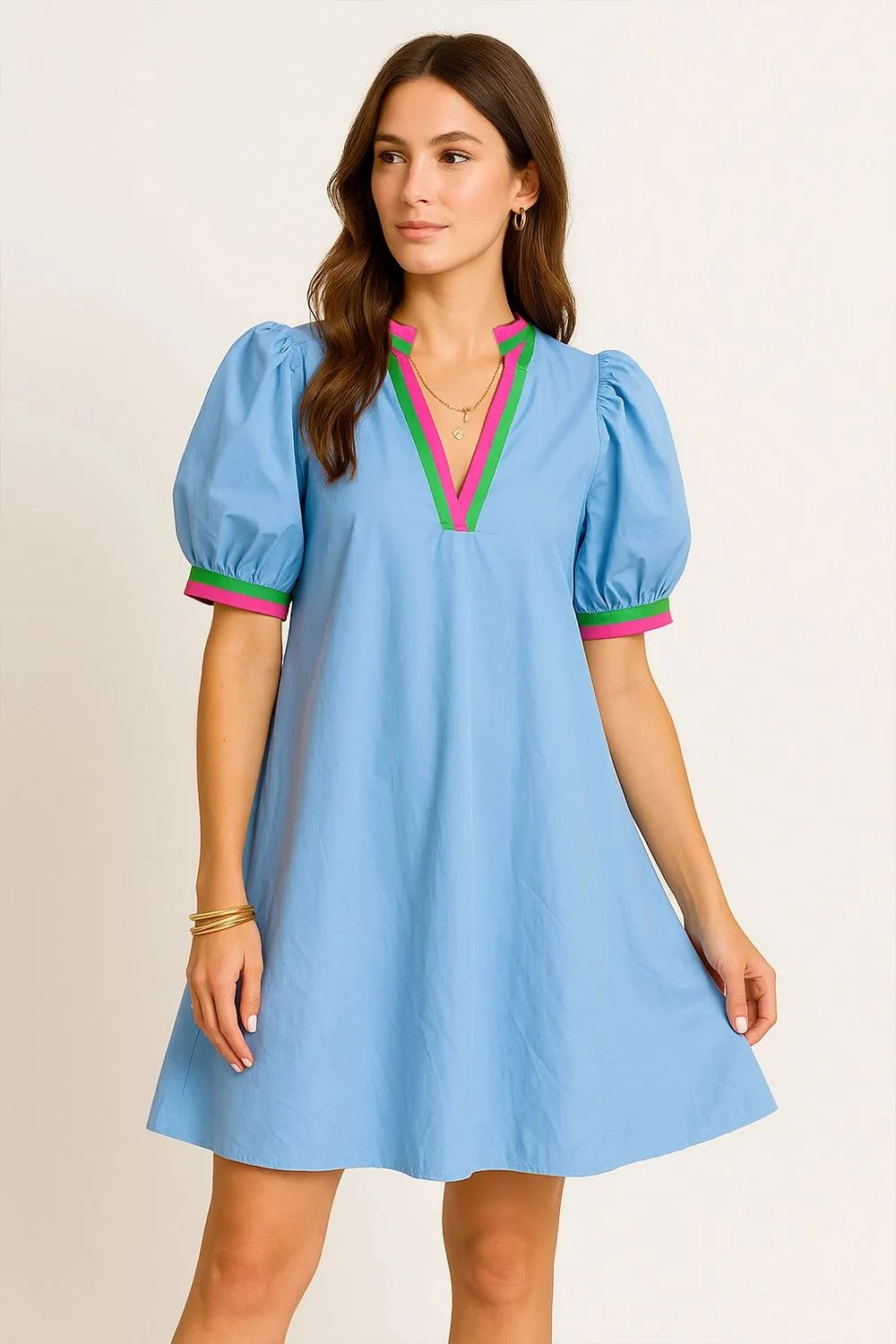 Notched Puff Sleeve Swing Dress.