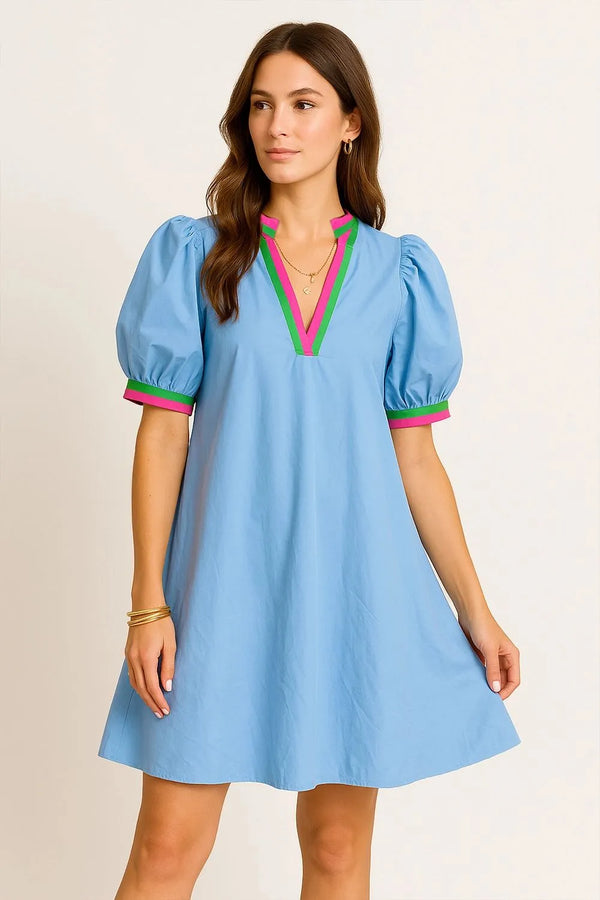 Notched Puff Sleeve Swing Dress.