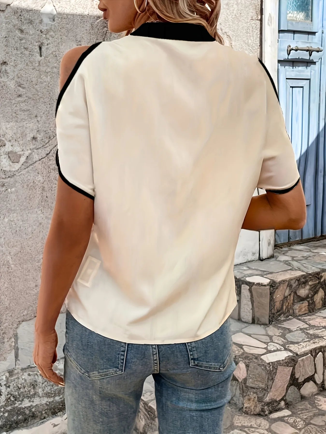 Notched Short Sleeve Blouse.