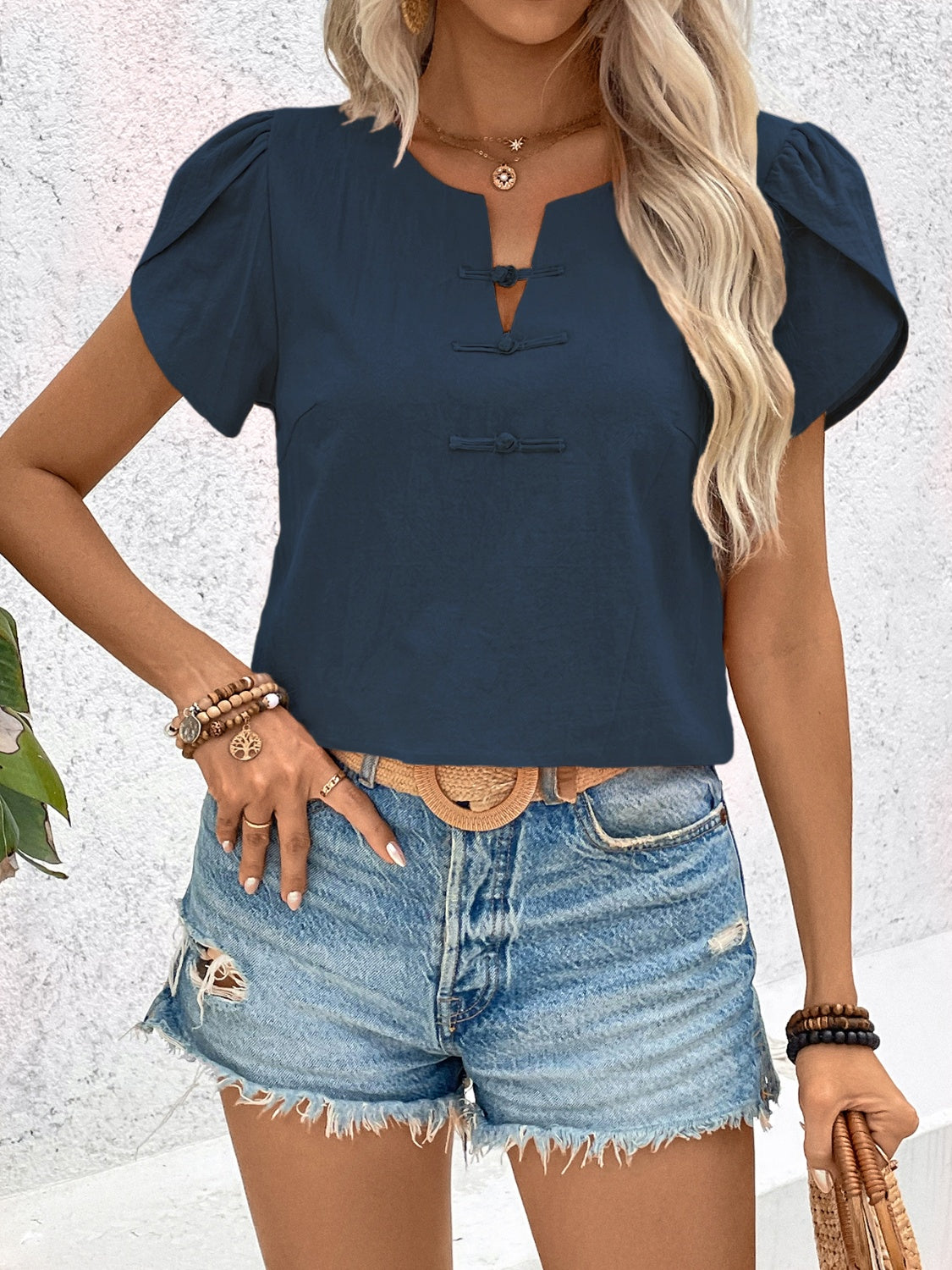 Honey Notched Short Sleeve Blouse.