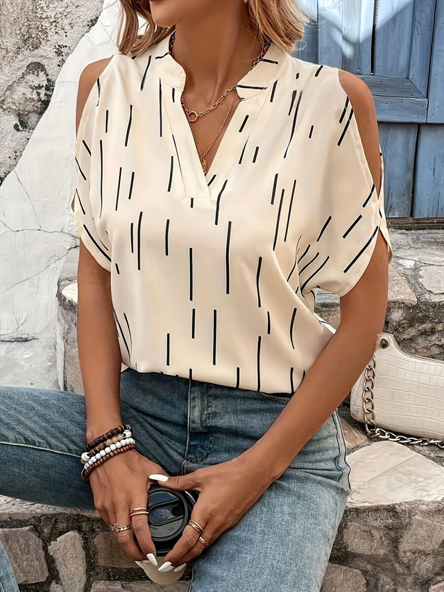 Notched Short Sleeve Blouse.