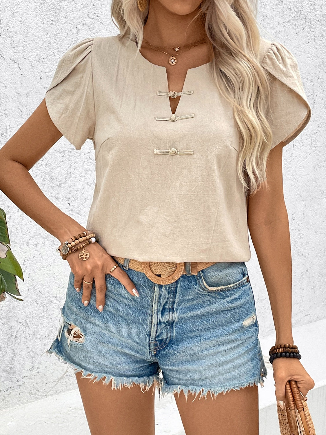 Honey Notched Short Sleeve Blouse.