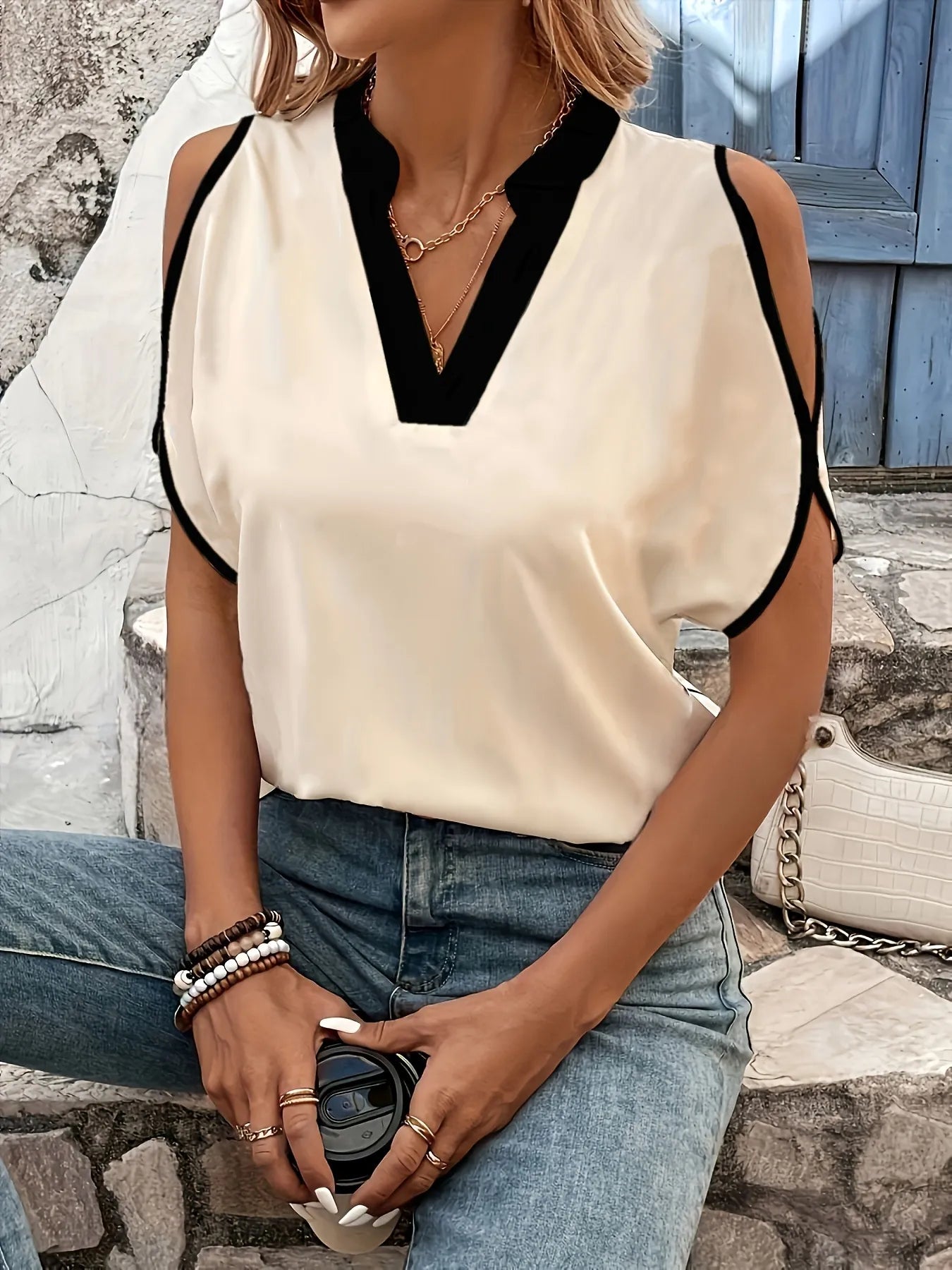 Notched Short Sleeve Blouse.