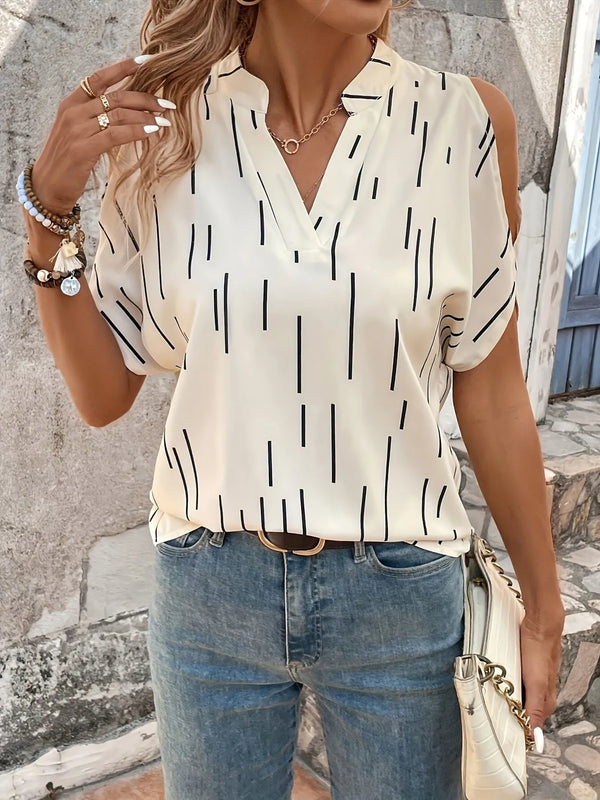 Notched Short Sleeve Blouse.