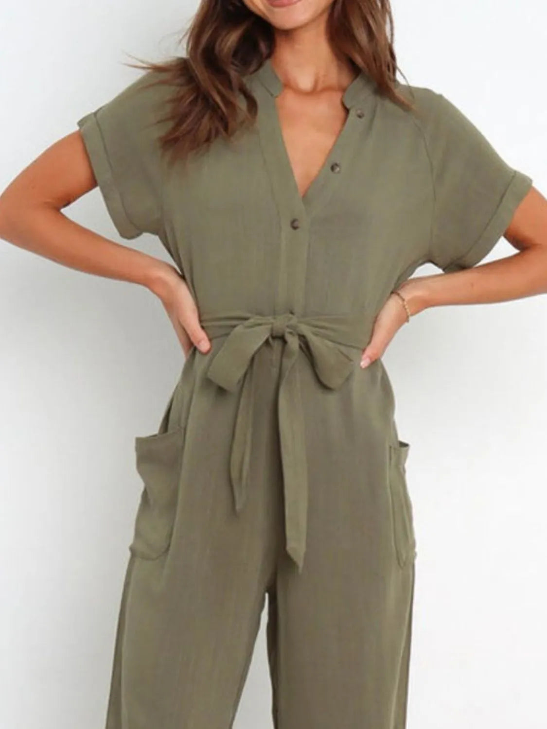 Notched Short Sleeve Tie Waist Jumpsuit with Buttons and Pockets.
