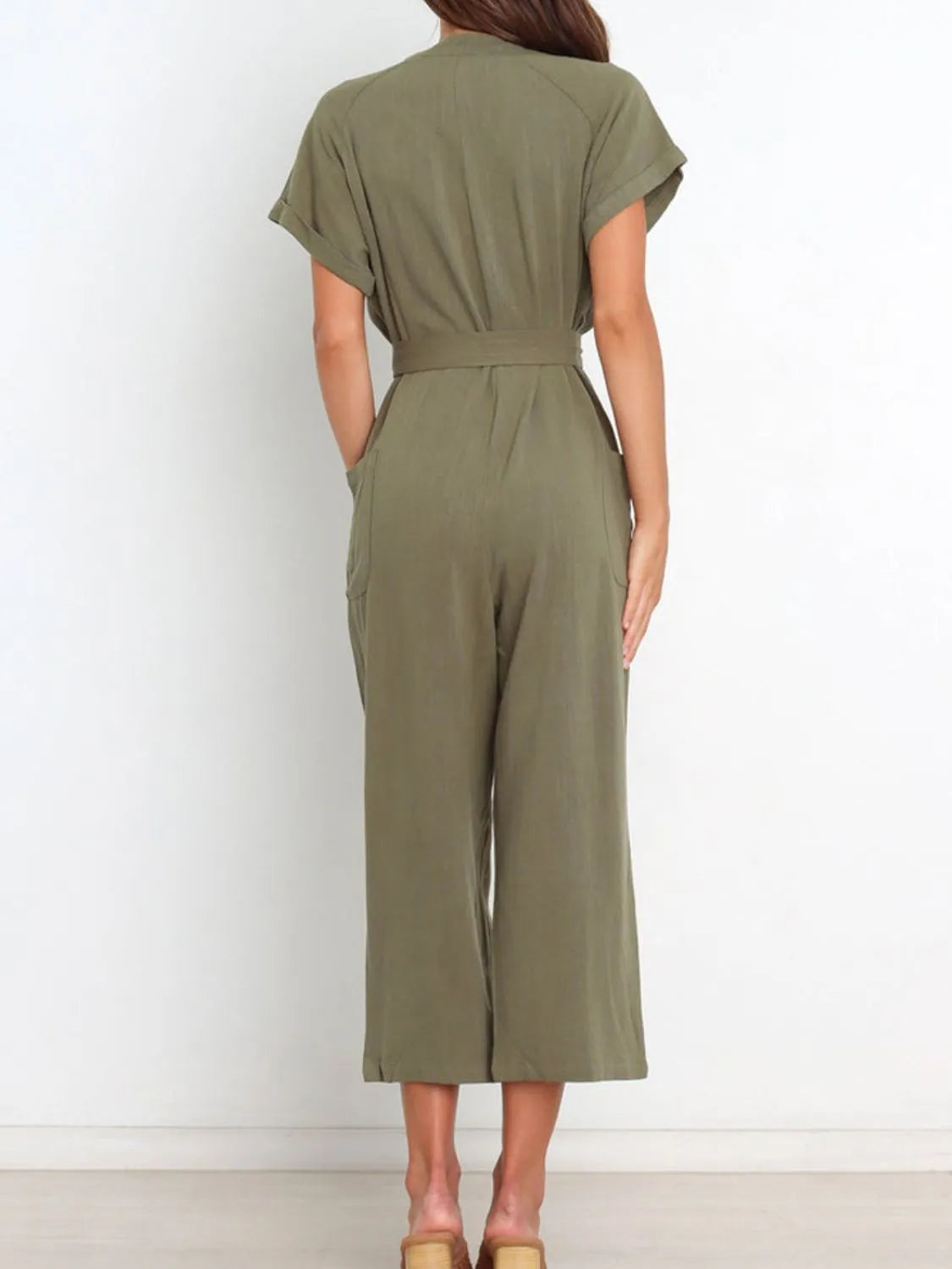 Notched Short Sleeve Tie Waist Jumpsuit with Buttons and Pockets.