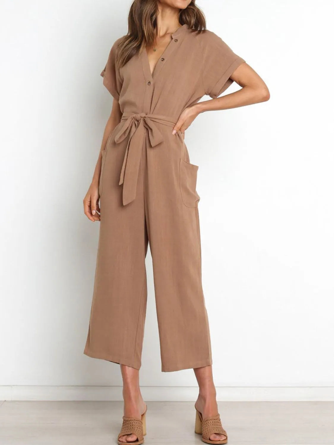 Notched Short Sleeve Tie Waist Jumpsuit with Buttons and Pockets.