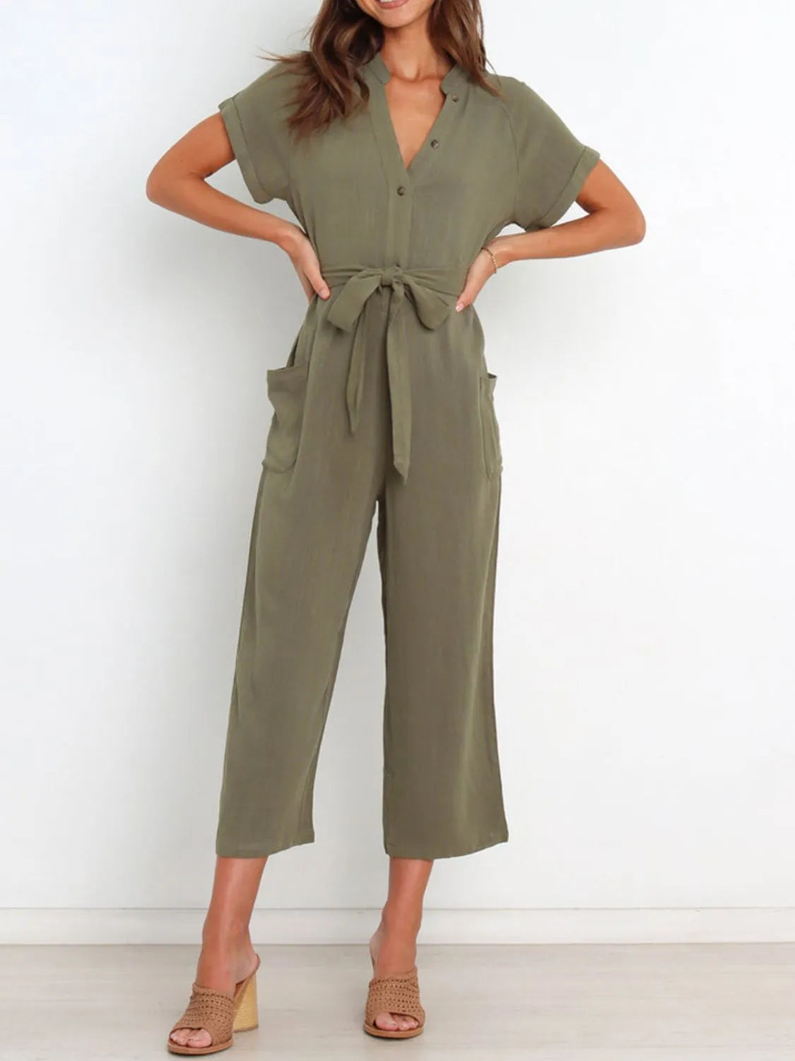 Short Sleeve Zipper Collared Elastic High Waist Romper.