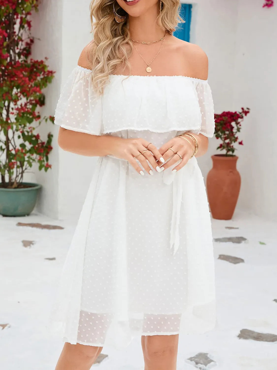 Off Shoulder Short Sleeve Mini Dress.