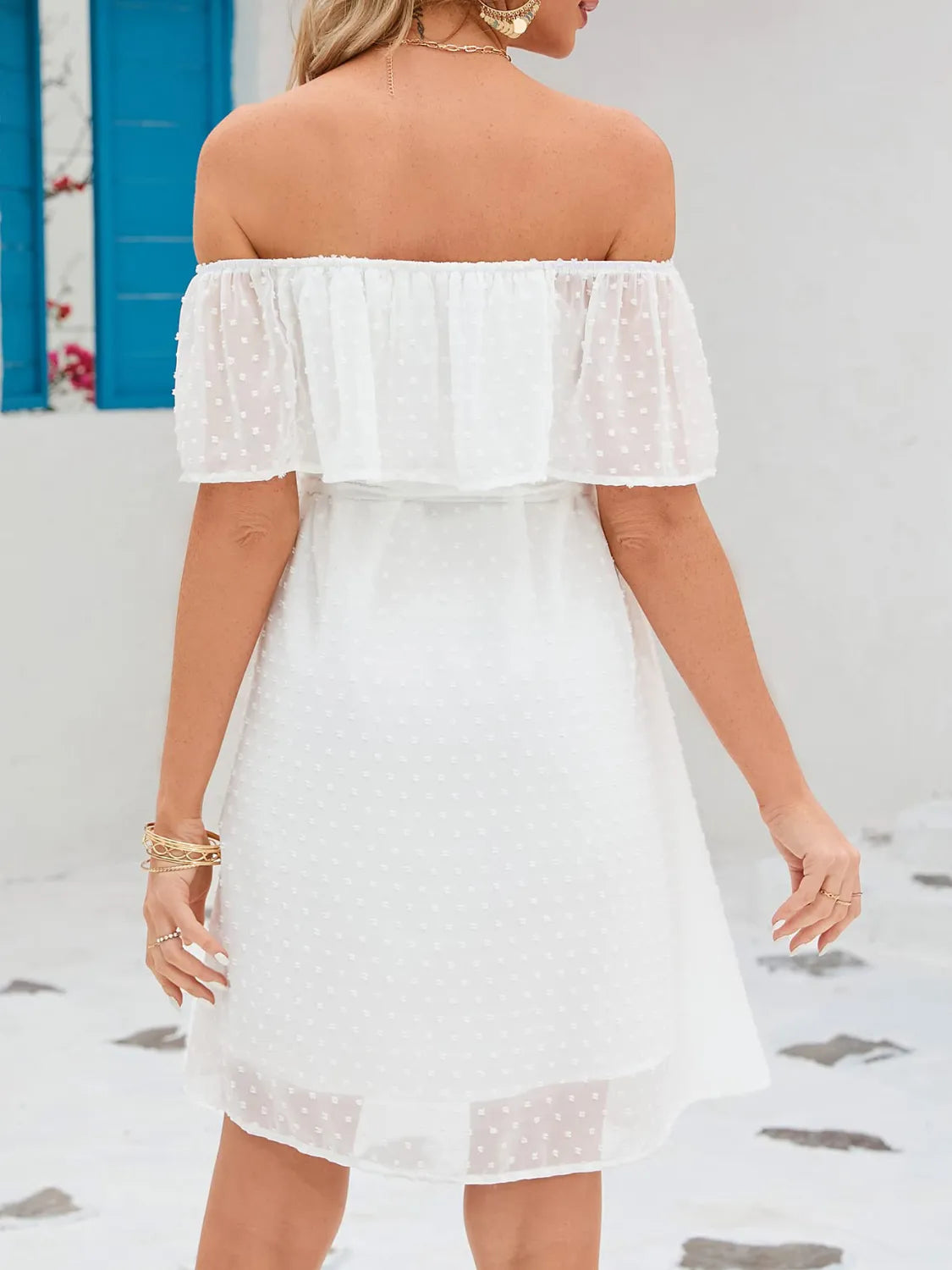 Off Shoulder Short Sleeve Mini Dress.