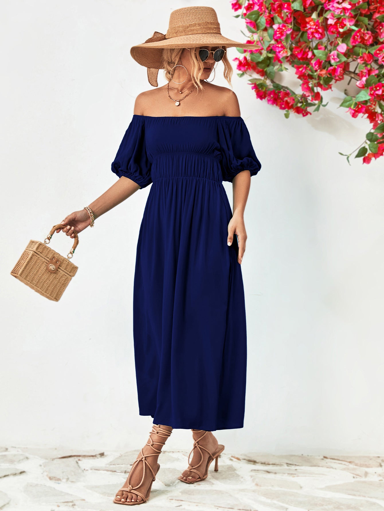 Off-Shoulder Balloon Sleeve Midi Dress.