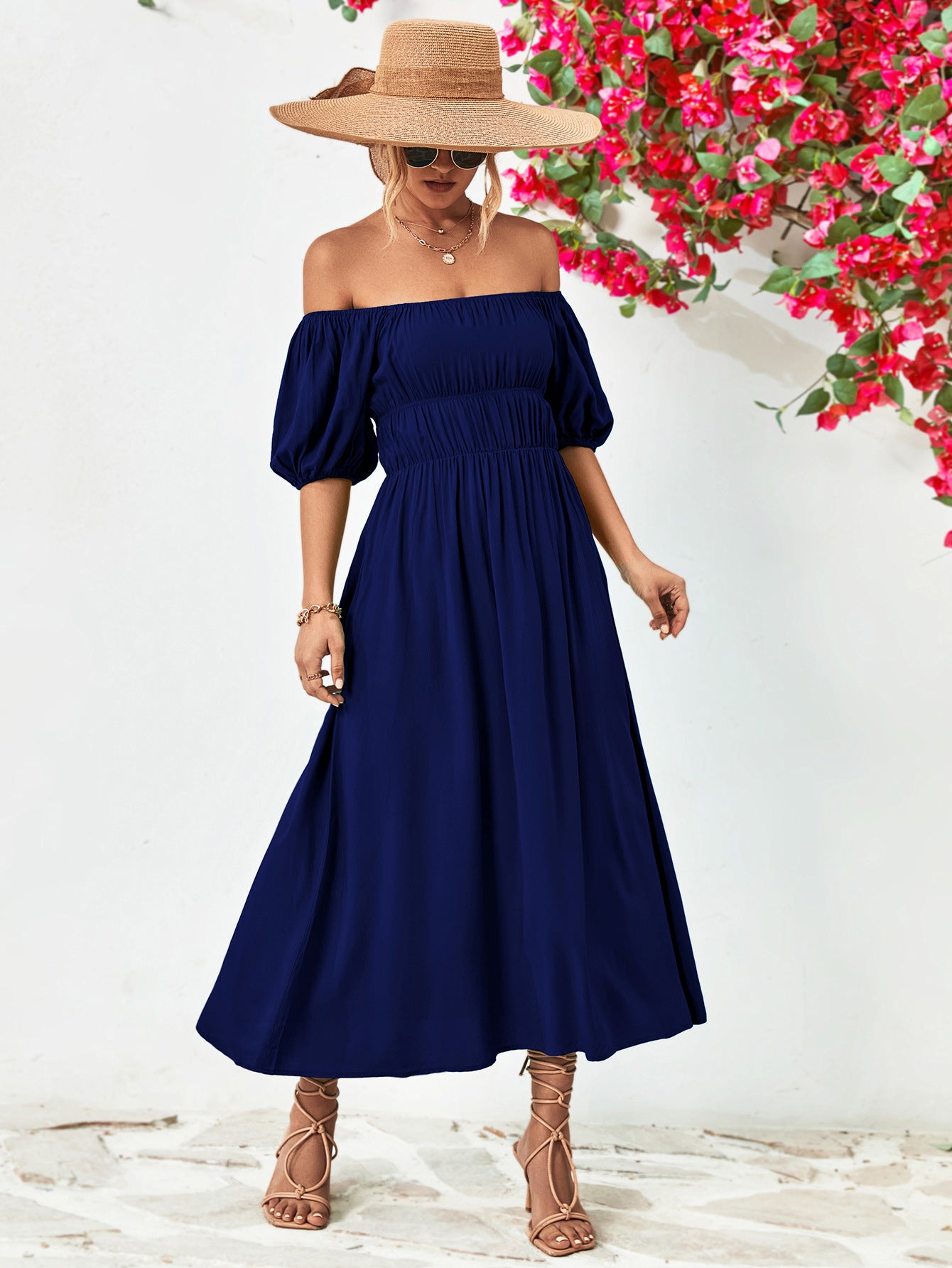Off-Shoulder Balloon Sleeve Midi Dress.