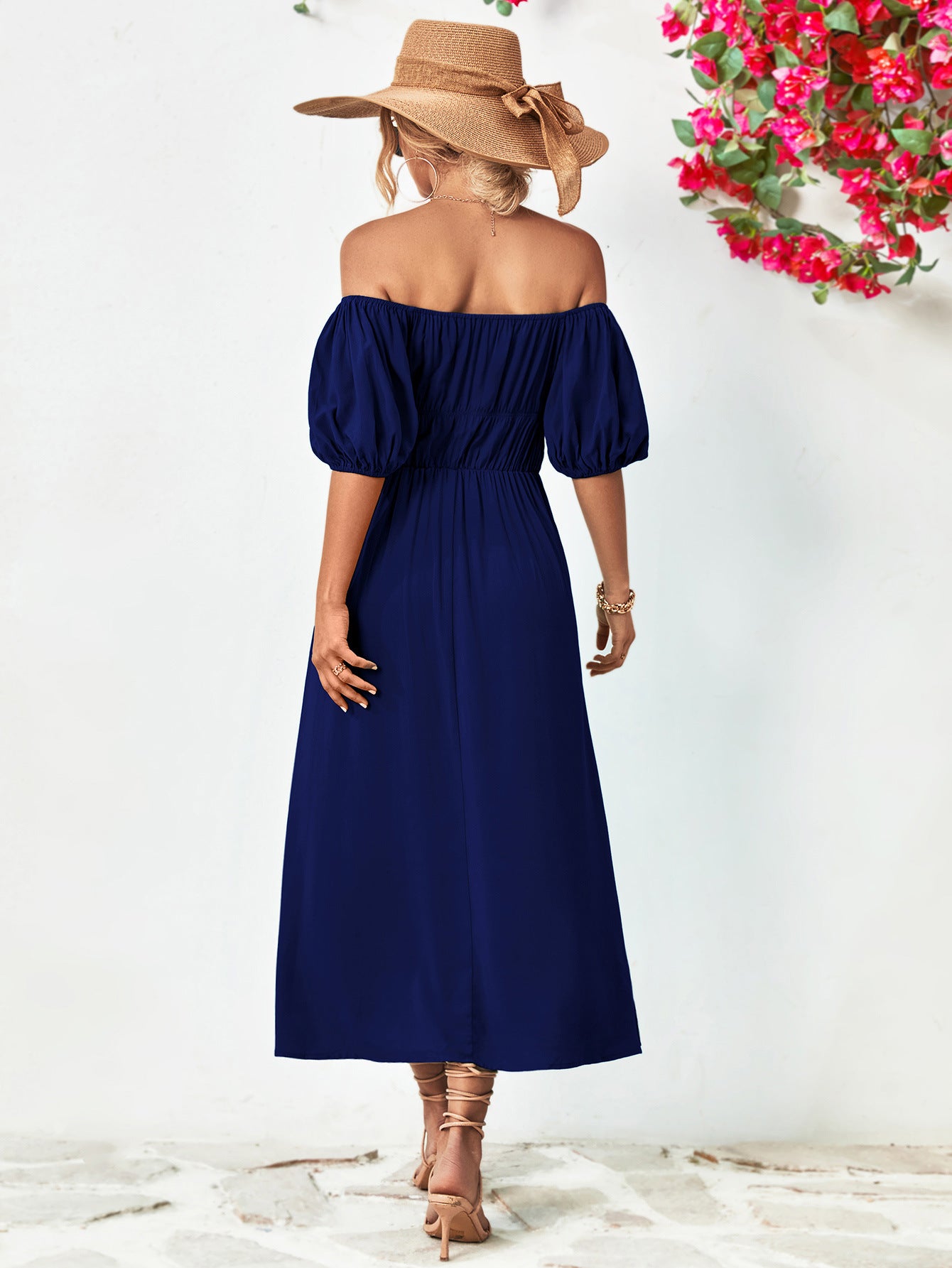 Off-Shoulder Balloon Sleeve Midi Dress.