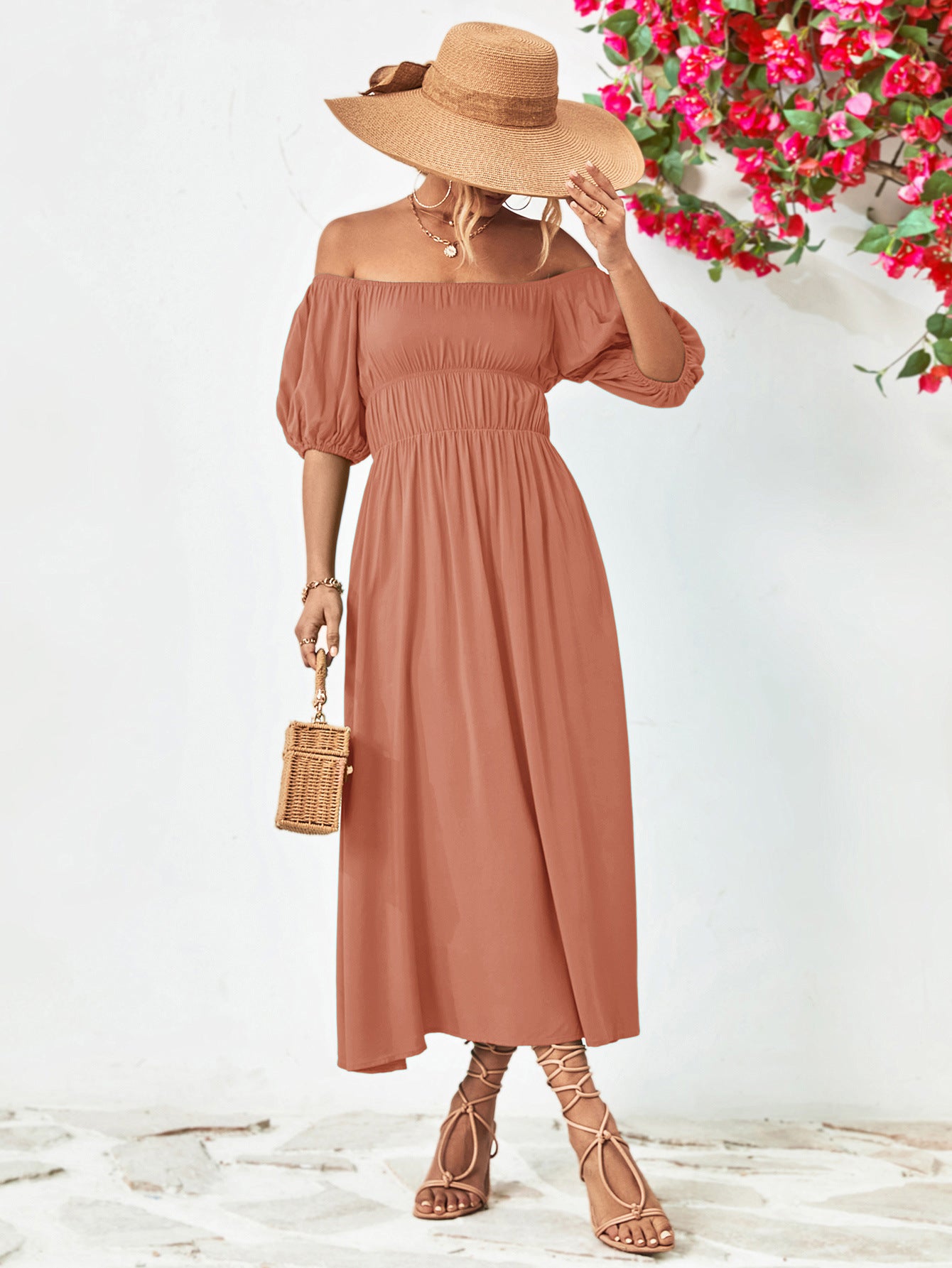 Off-Shoulder Balloon Sleeve Midi Dress.
