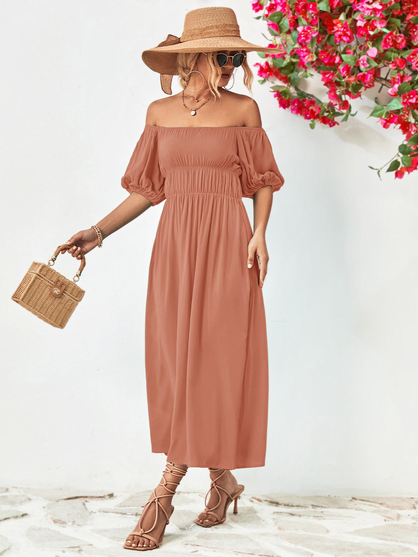 Off-Shoulder Balloon Sleeve Midi Dress.