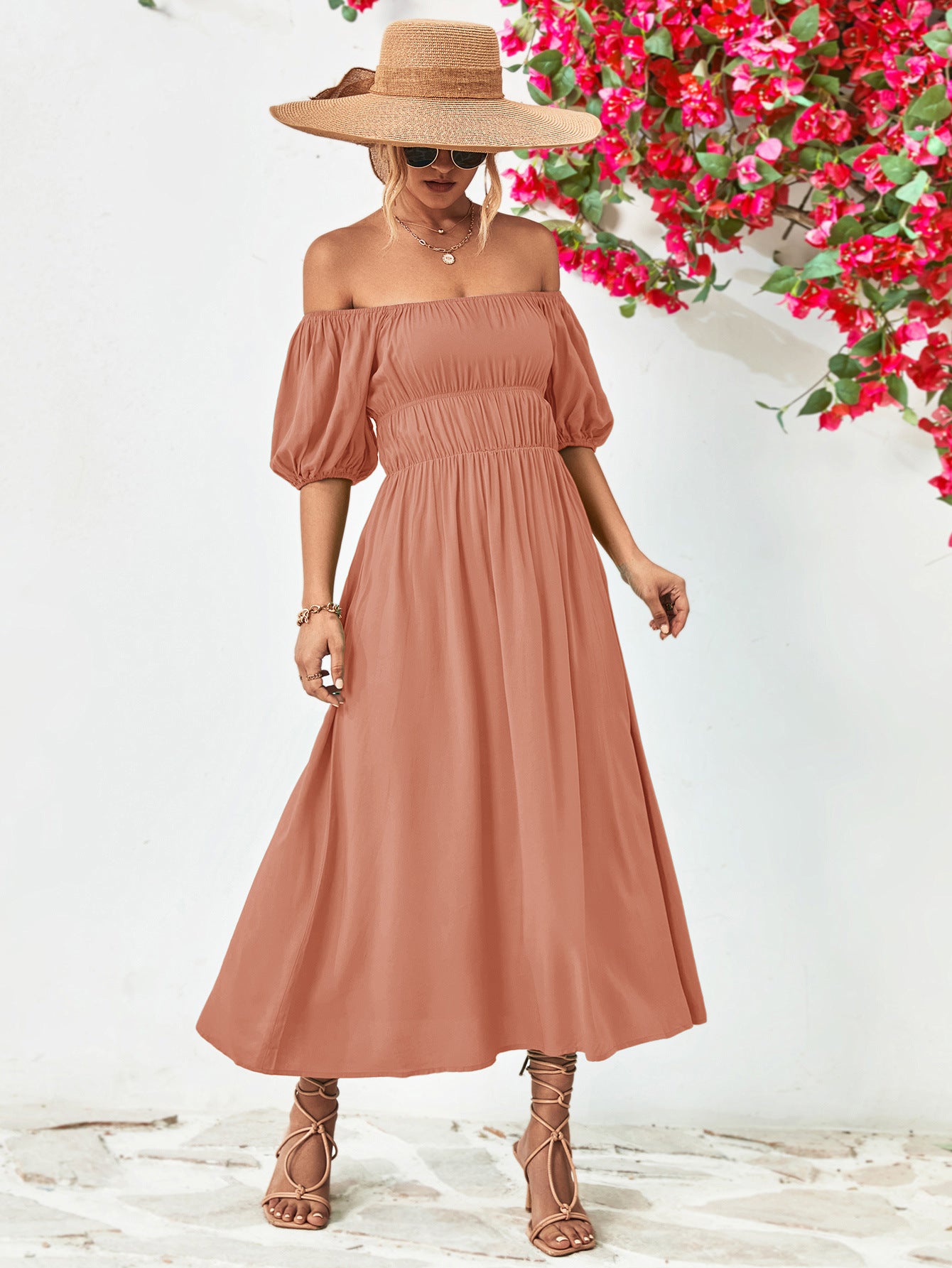 Off-Shoulder Balloon Sleeve Midi Dress.