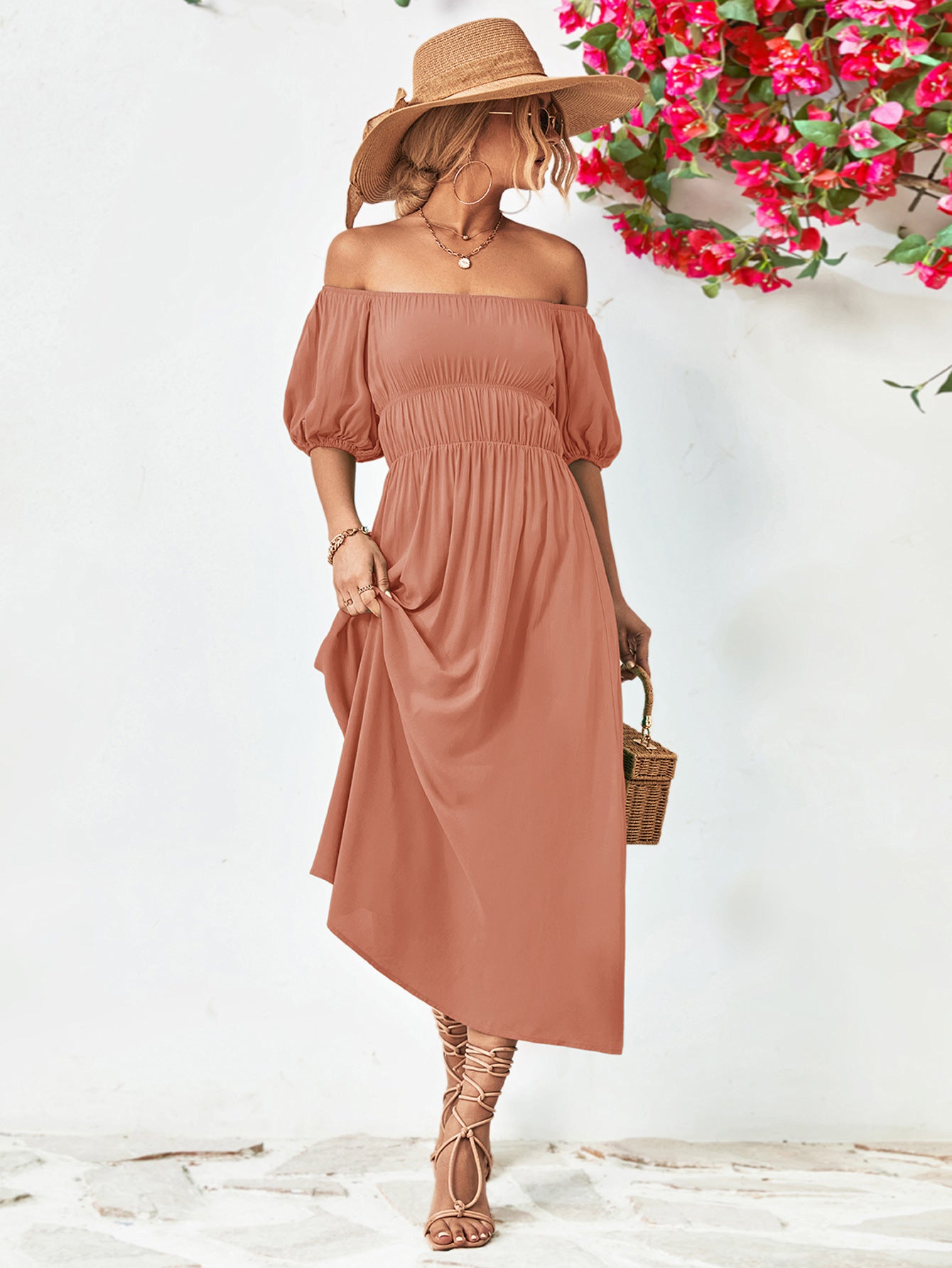 Off-Shoulder Balloon Sleeve Midi Dress.