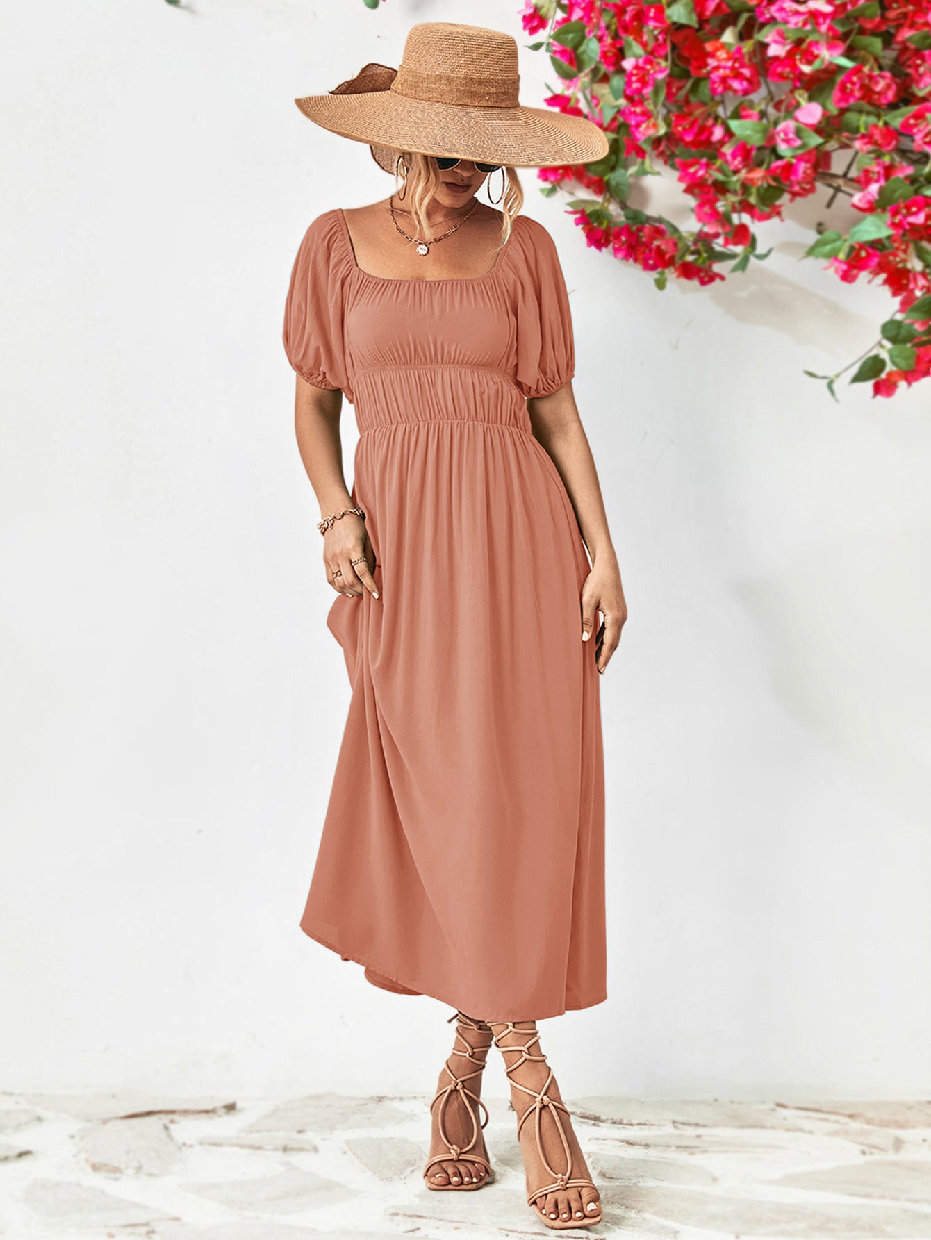 Off-Shoulder Balloon Sleeve Midi Dress.