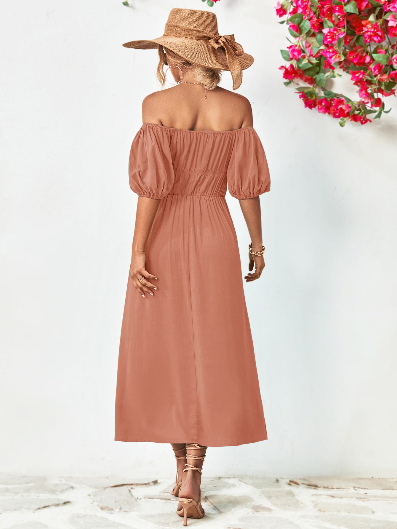 Off-Shoulder Balloon Sleeve Midi Dress.
