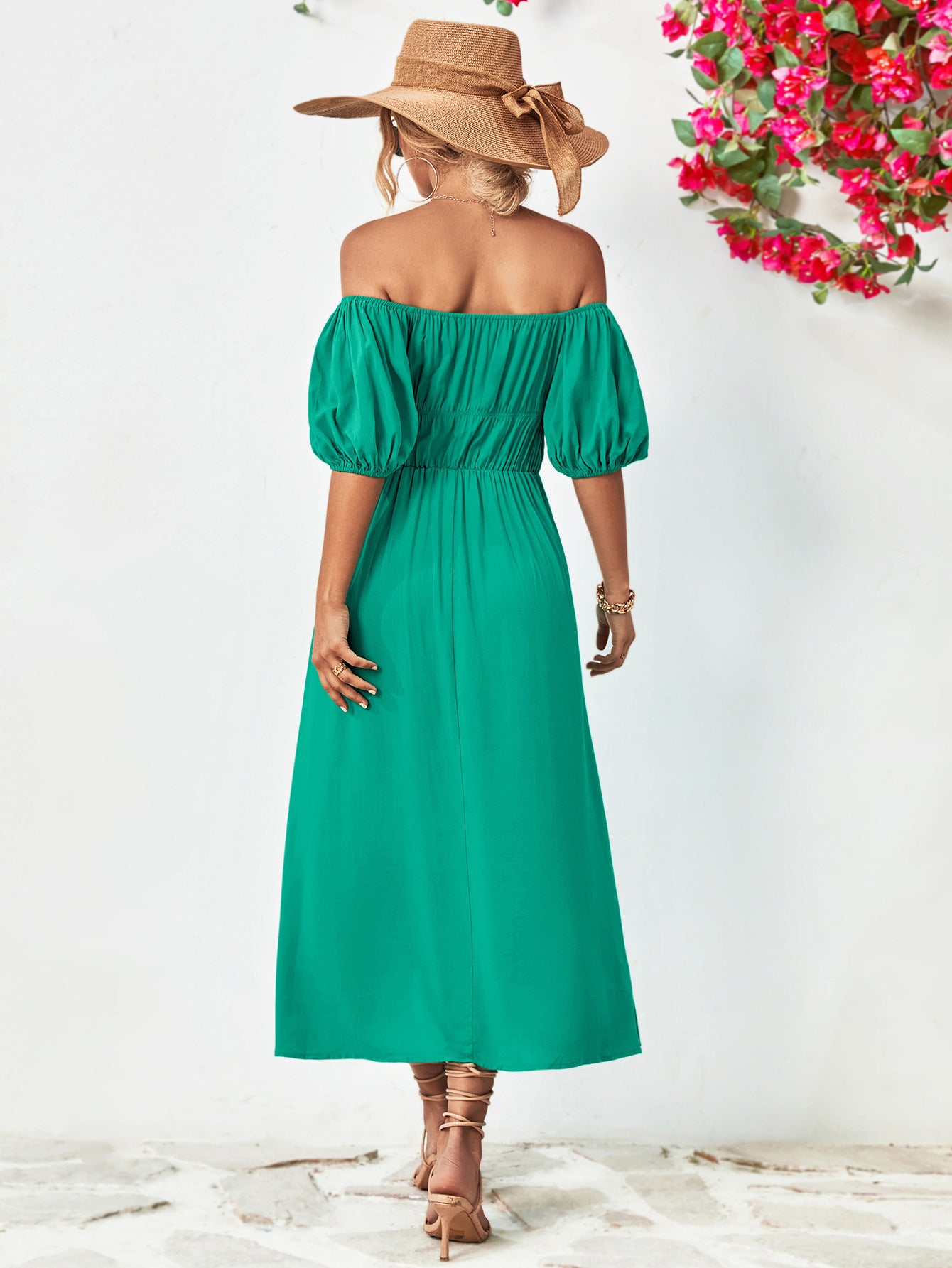 Off-Shoulder Balloon Sleeve Midi Dress.