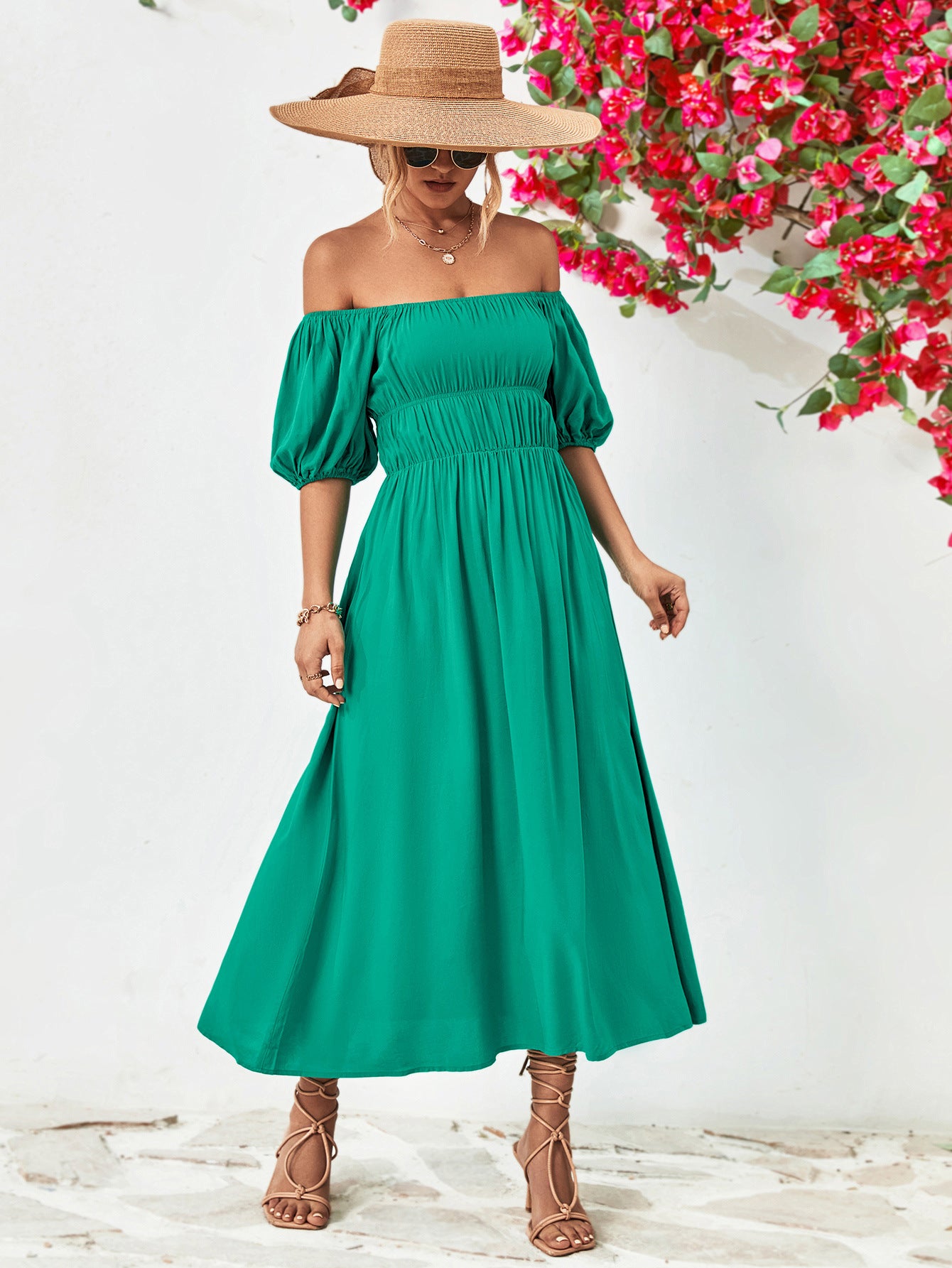 Off-Shoulder Balloon Sleeve Midi Dress.