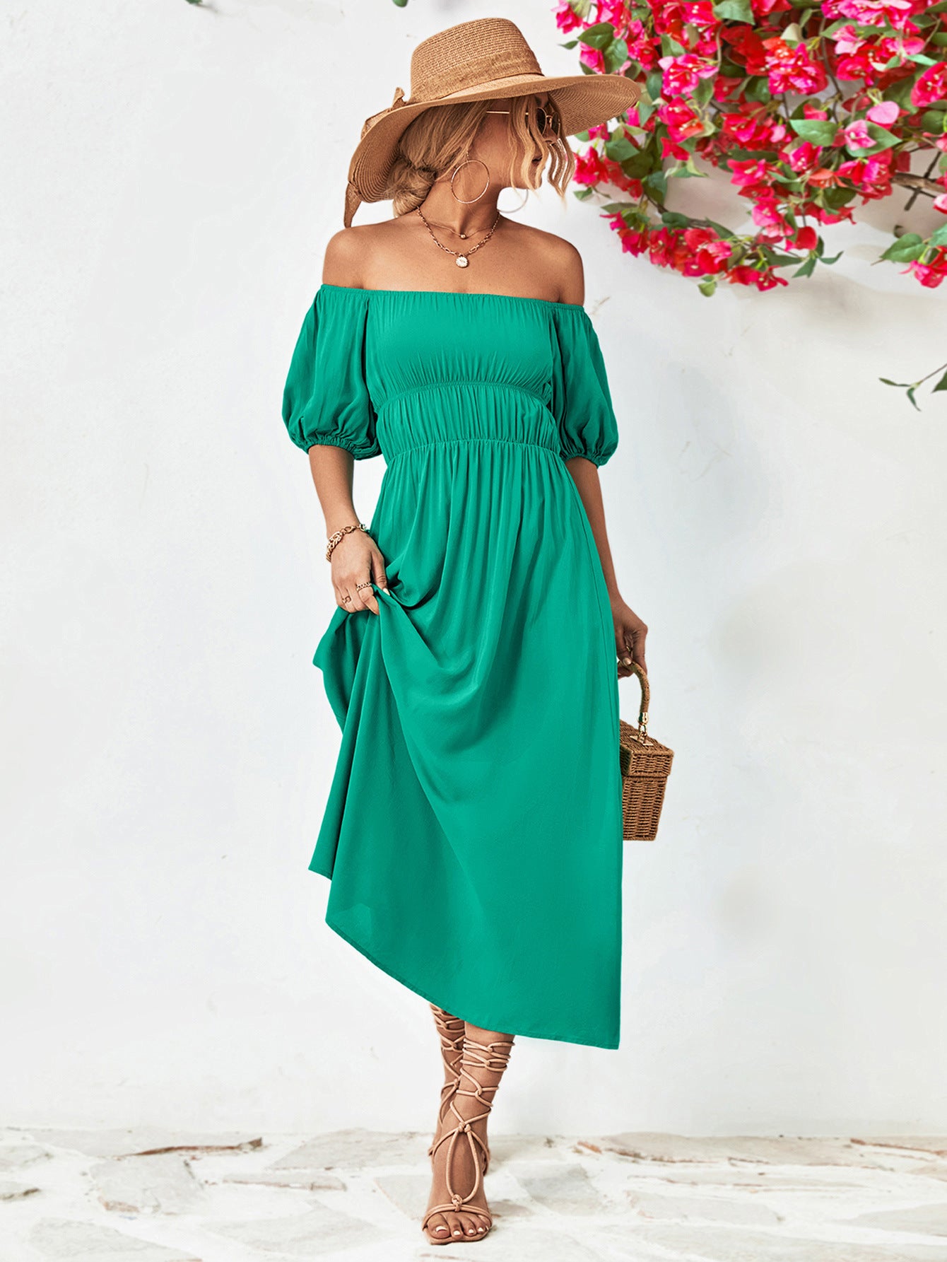 Off-Shoulder Balloon Sleeve Midi Dress.