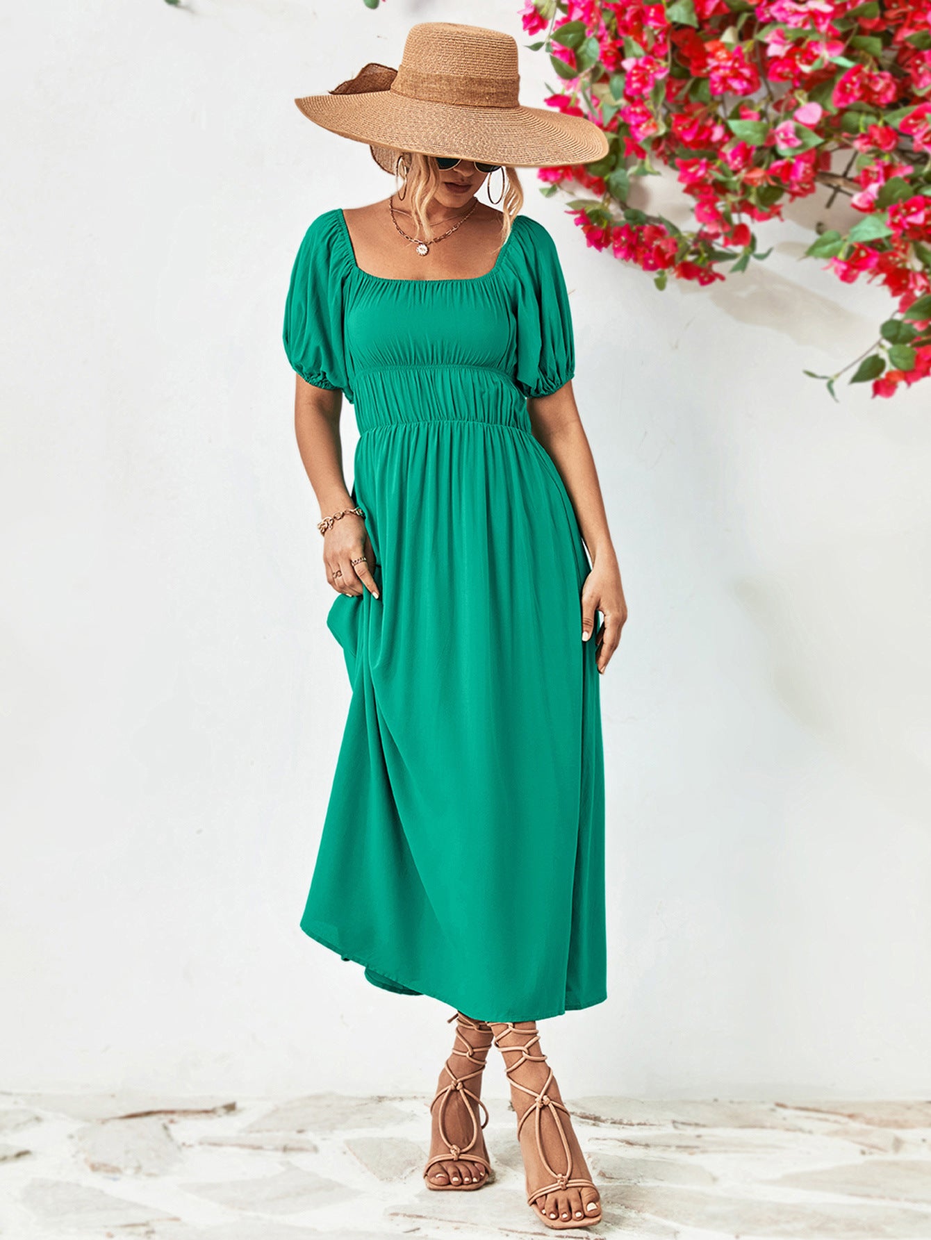 Off-Shoulder Balloon Sleeve Midi Dress.
