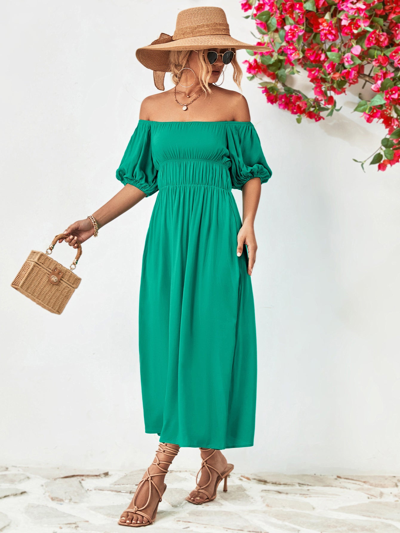 Off-Shoulder Balloon Sleeve Midi Dress.