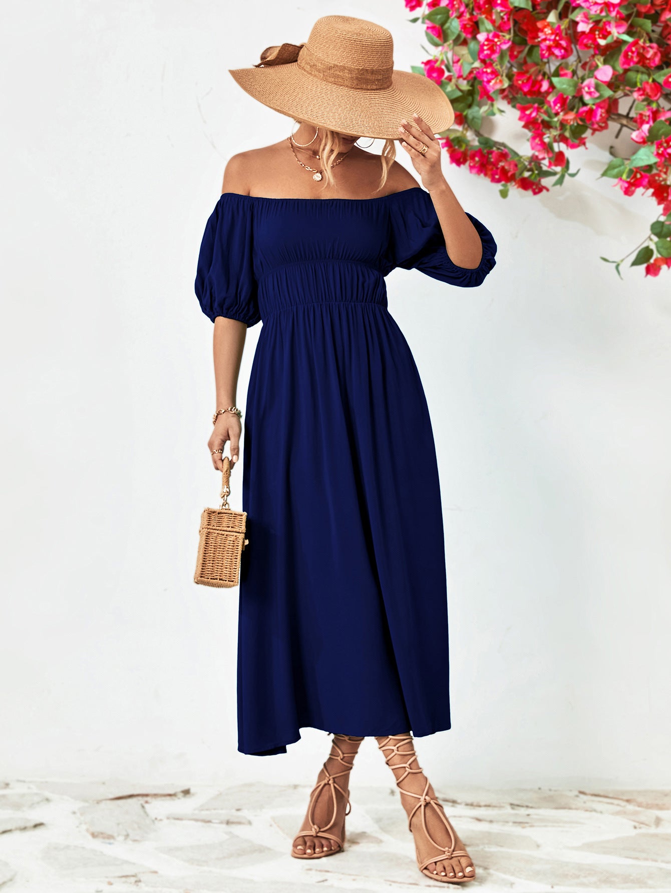 Off-Shoulder Balloon Sleeve Midi Dress.