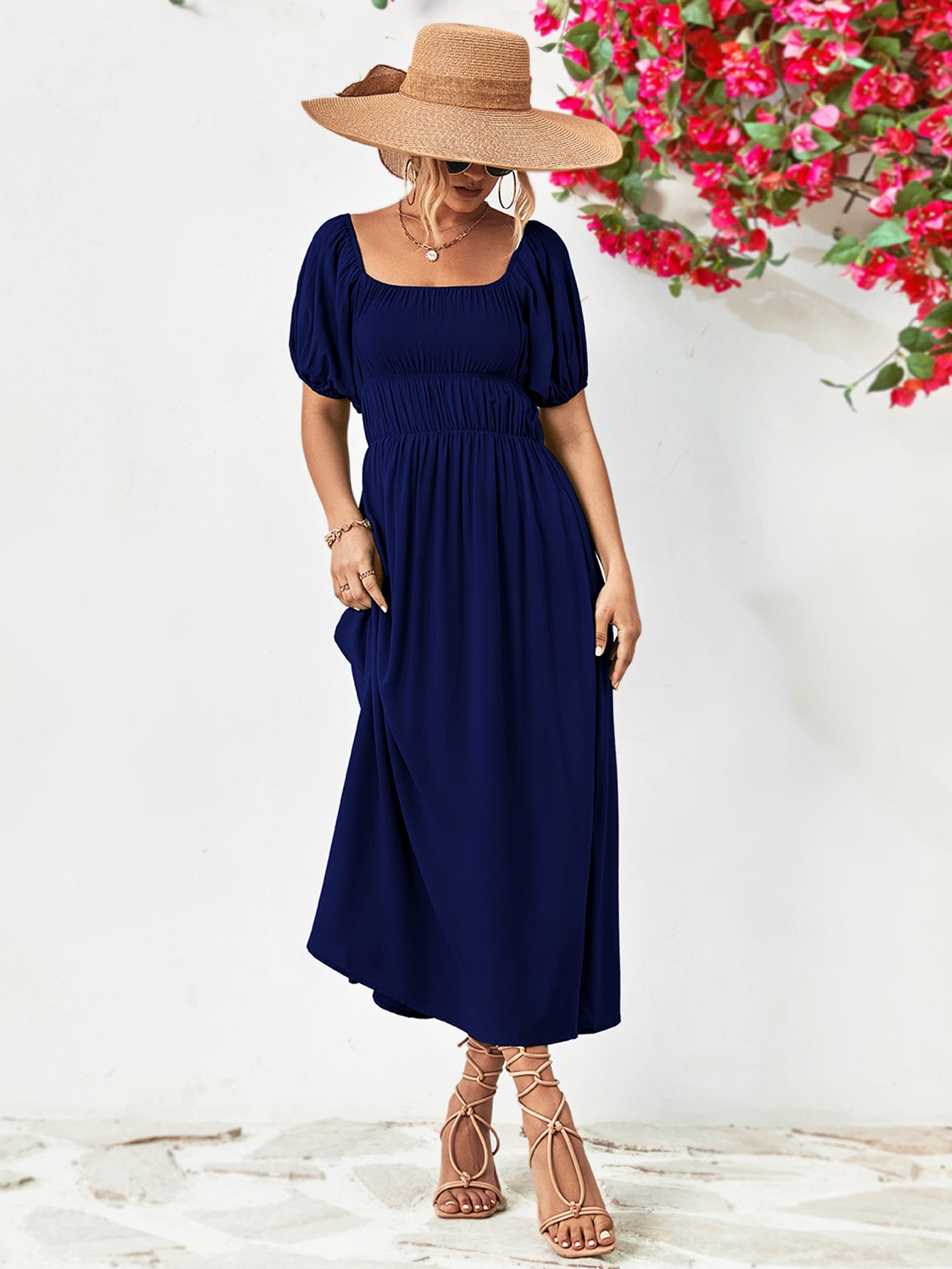Off-Shoulder Balloon Sleeve Midi Dress.