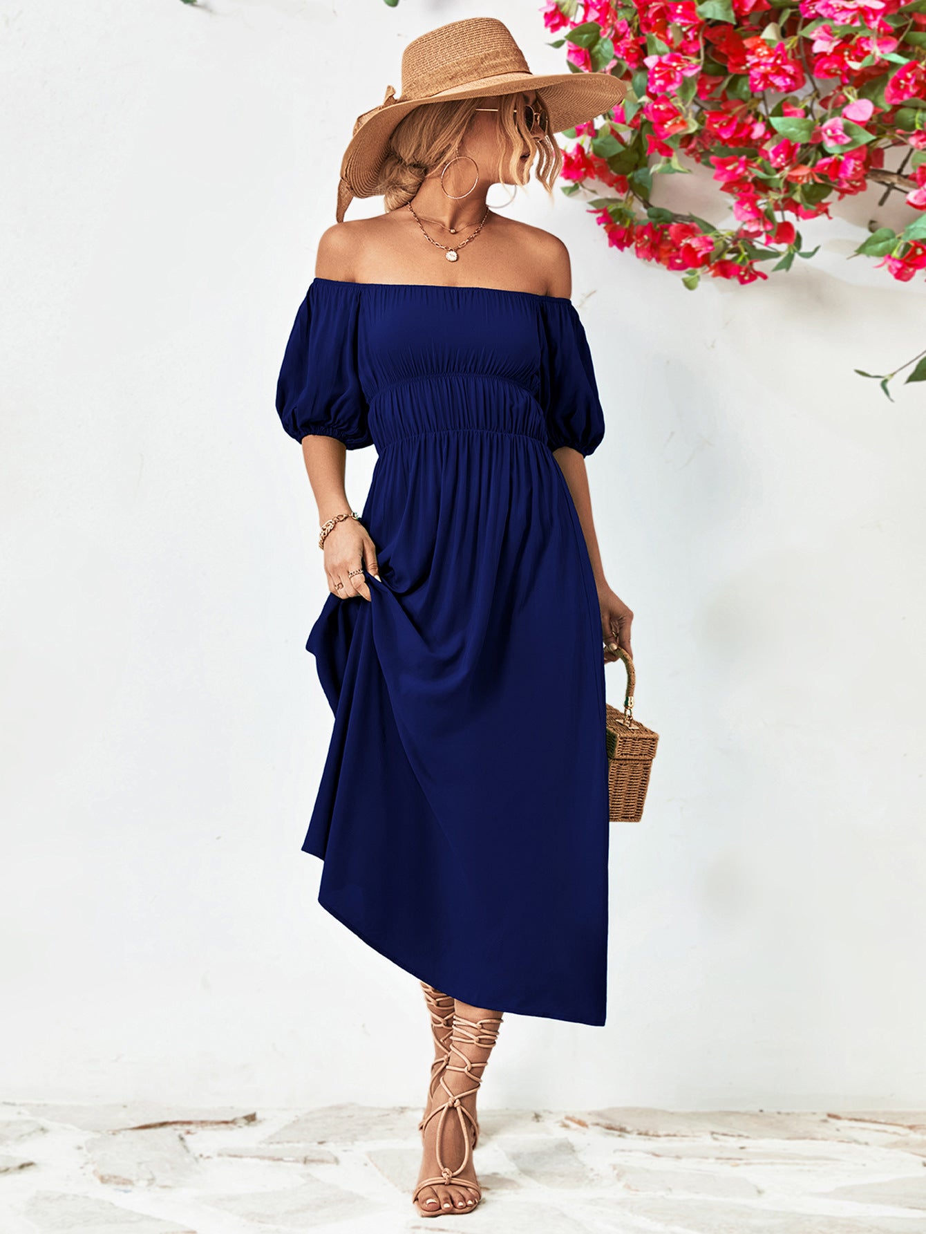 Off-Shoulder Balloon Sleeve Midi Dress.