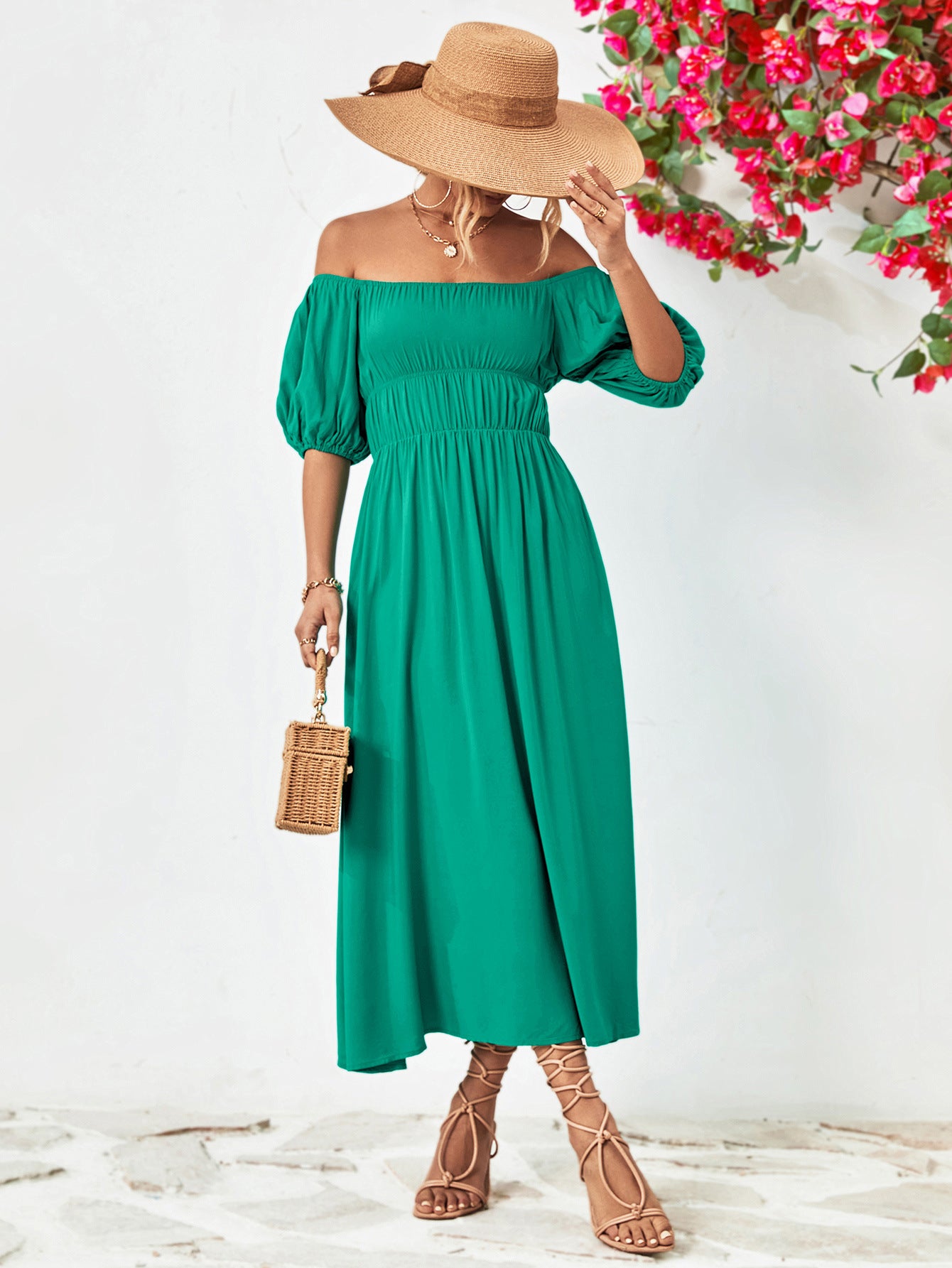 Off-Shoulder Balloon Sleeve Midi Dress.