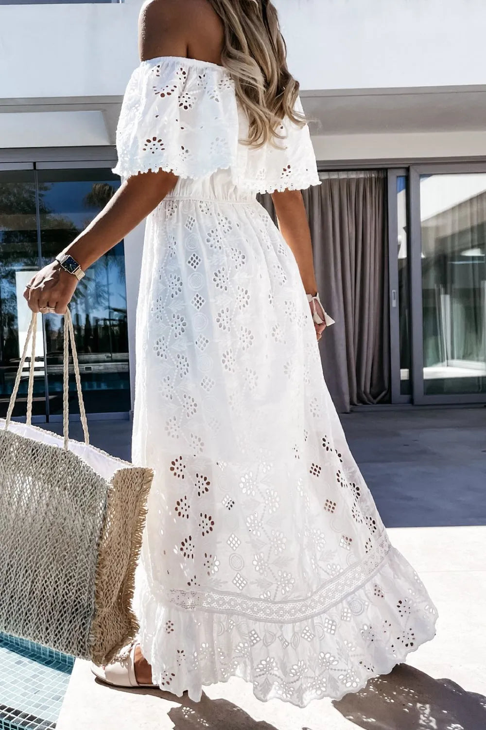 Off Shoulder Eyelet Lace Maxi Dress.