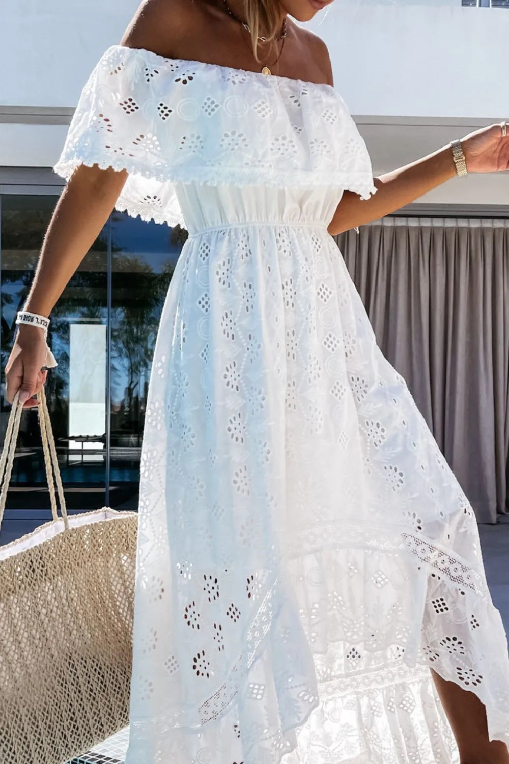 Off Shoulder Eyelet Lace Maxi Dress.