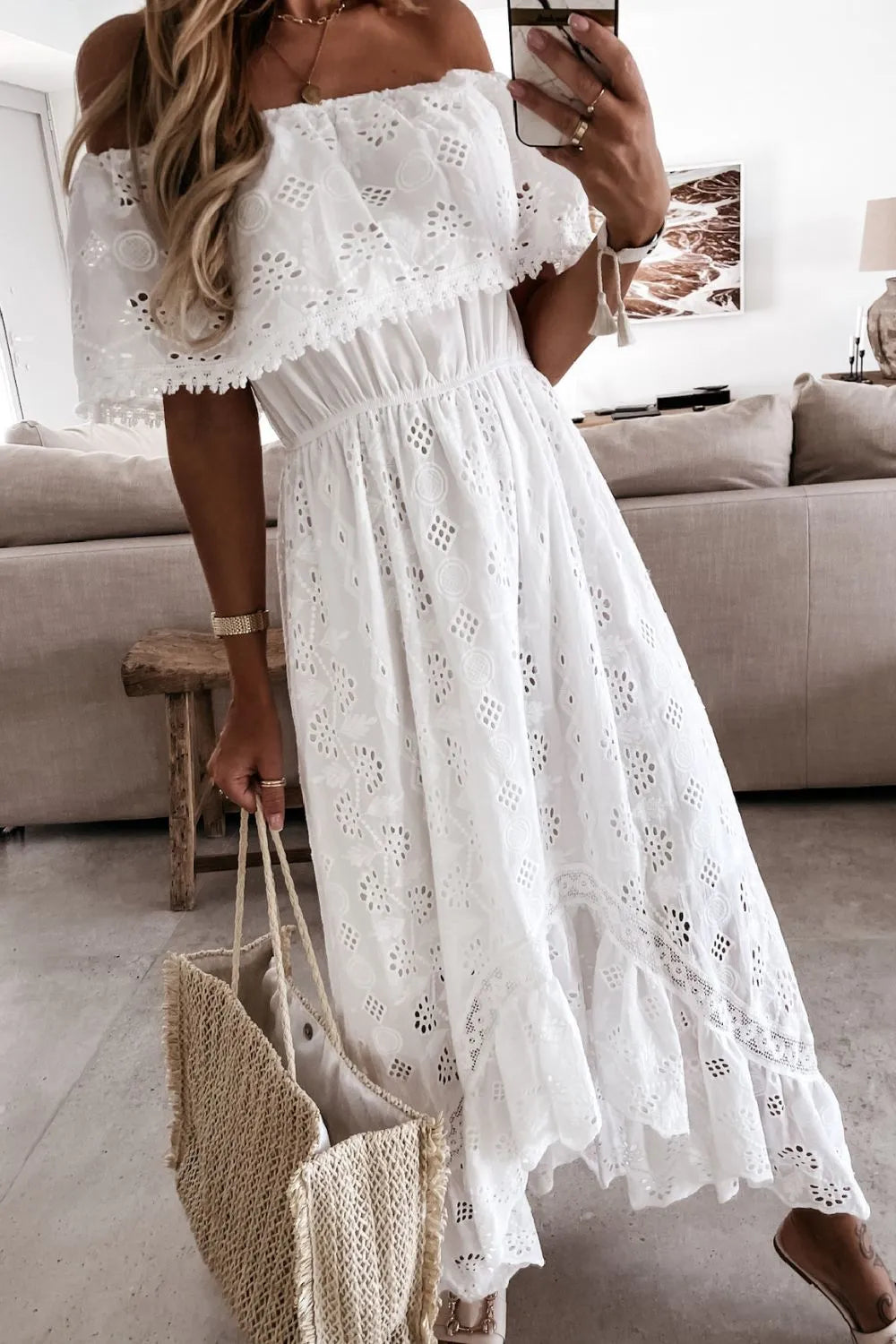 Off Shoulder Eyelet Lace Maxi Dress.