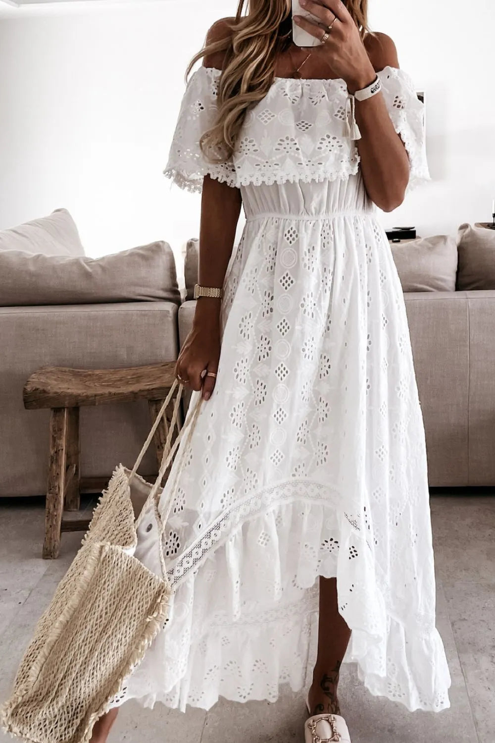 Off Shoulder Eyelet Lace Maxi Dress.