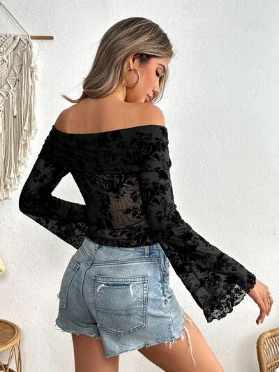 Off-Shoulder Flare Sleeve Lace Top.