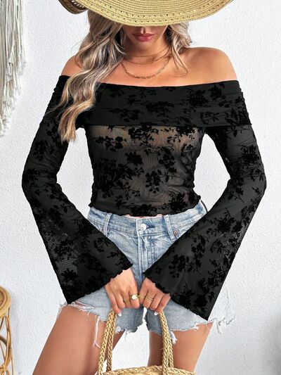 Off-Shoulder Flare Sleeve Lace Top.