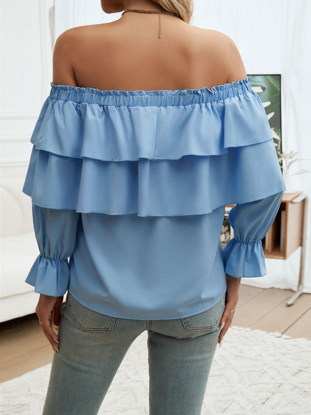 Devine Off-Shoulder Flounce Sleeve Blouse.