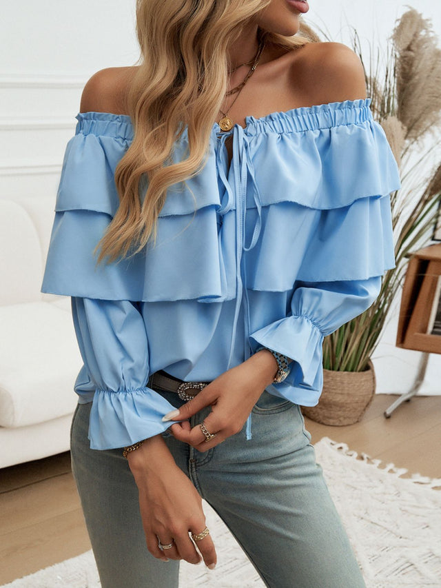 Devine Off-Shoulder Flounce Sleeve Blouse.