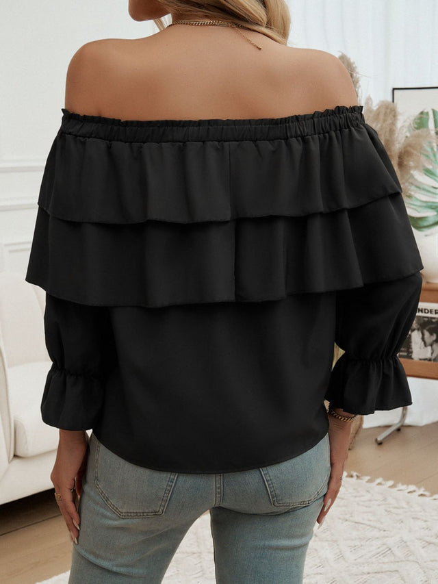 Devine Off-Shoulder Flounce Sleeve Blouse.