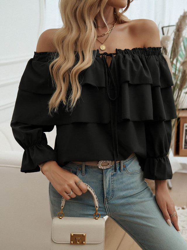 Devine Off-Shoulder Flounce Sleeve Blouse.