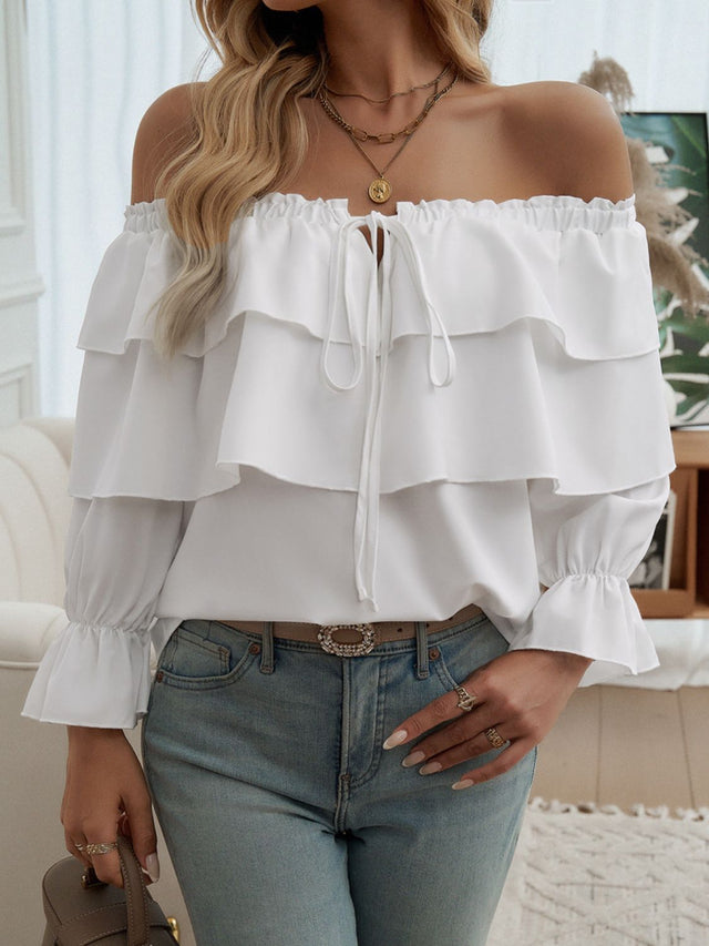 Devine Off-Shoulder Flounce Sleeve Blouse.