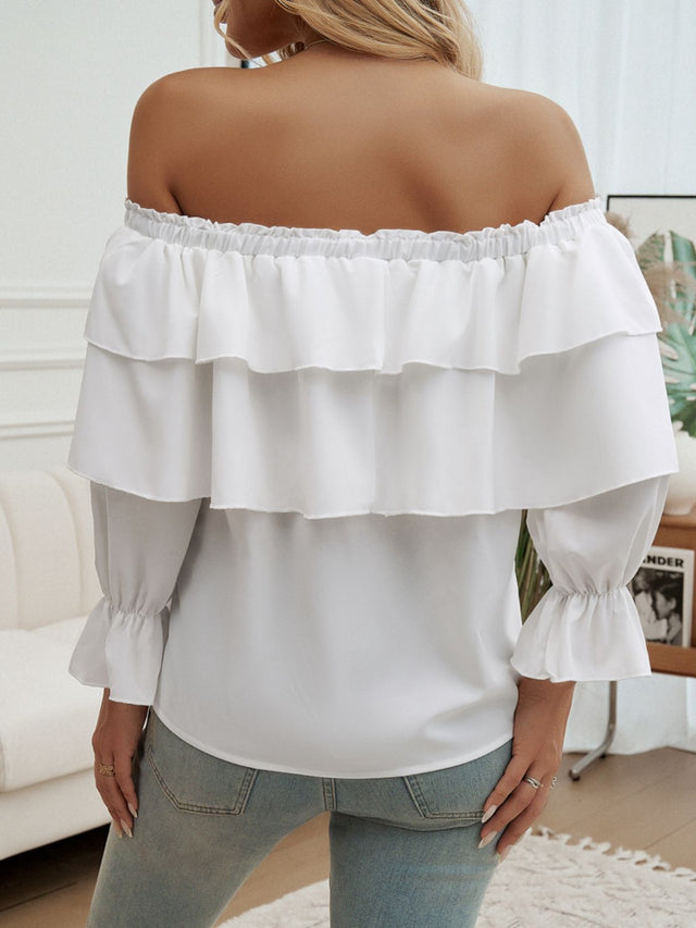 Devine Off-Shoulder Flounce Sleeve Blouse.