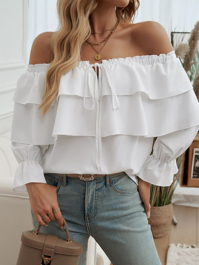 Devine Off-Shoulder Flounce Sleeve Blouse.