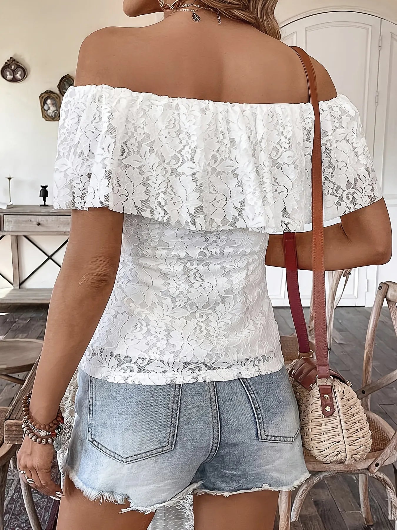 Off Shoulder Lace Ruffle Blouse.