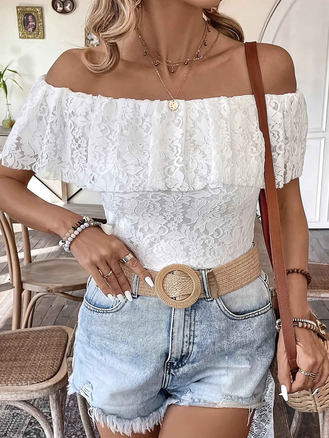 Off Shoulder Lace Ruffle Blouse.