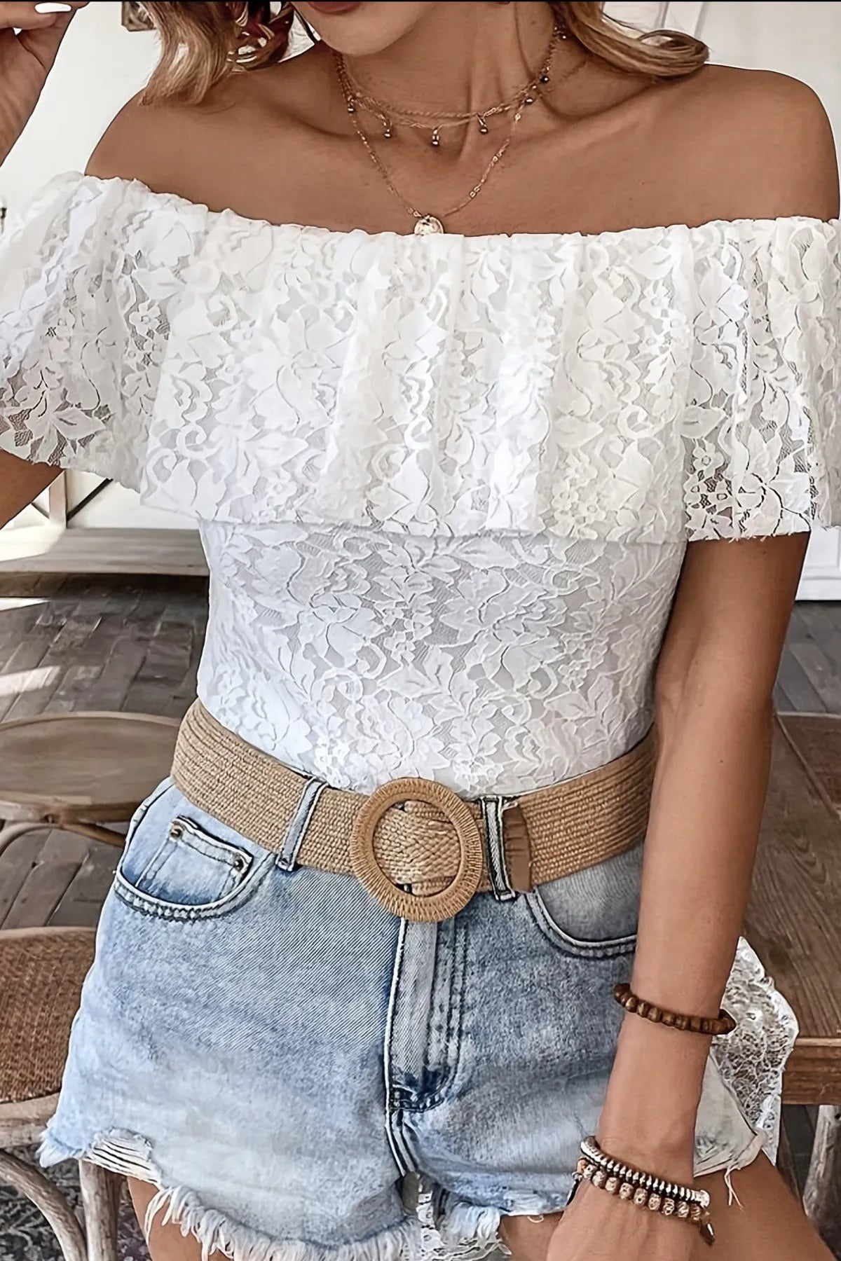 Off Shoulder Lace Ruffle Blouse.